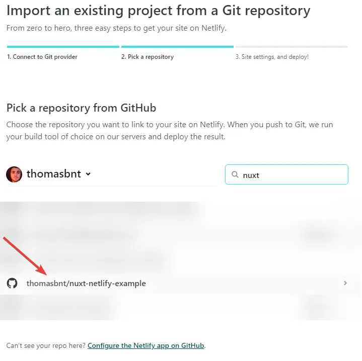 Le choix sur Netlify du site site web Nuxt à partir de la page Importer un projet existant depuis un dépôt Git.