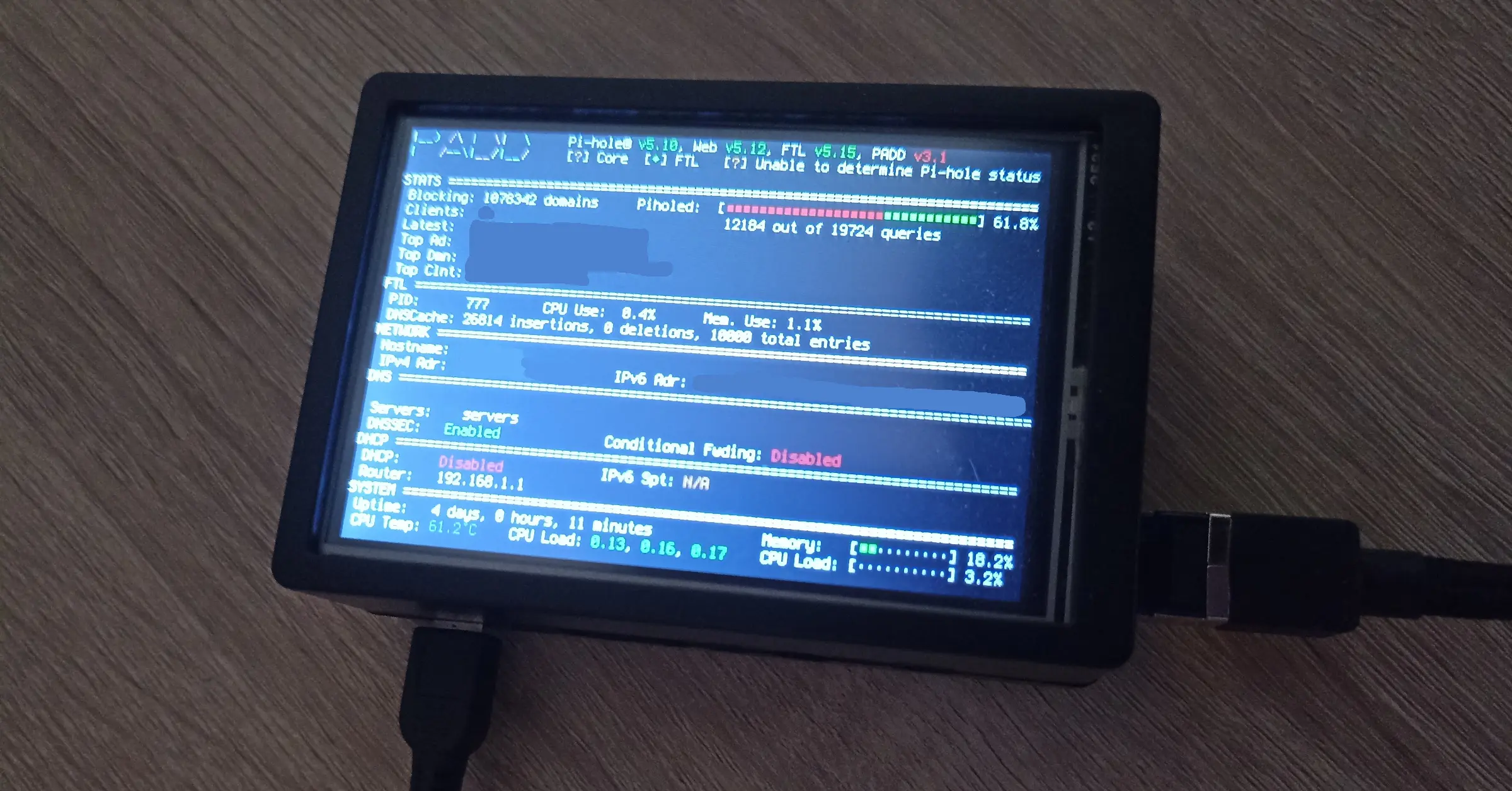 Un écran LCD sur un Raspberry Pi 3B avec Pi-hole installé
